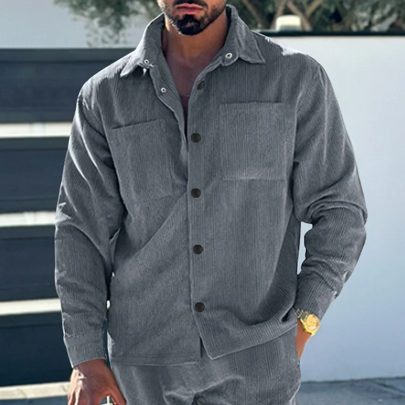 Casual Multi-pocket Solid Corduroy Button-up Shirt-inspireuse