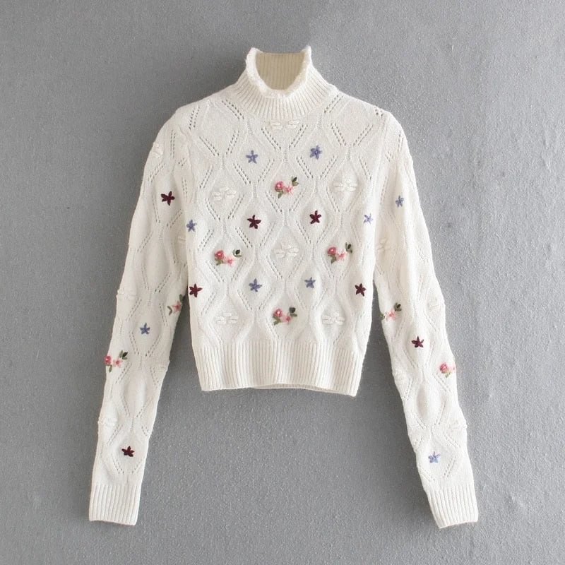New O-neck Sweaters Floral Embroidery Knitted Women' Clothing Sweet Ins Fashion White Bottom Hollowed Out Commuting