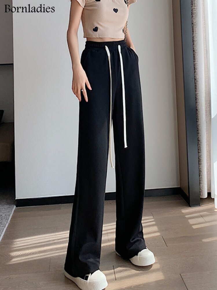 Bornladies 2022 Sportswear Women Sports Pants Summer Versatile Wide Leg Straight Sweatpants Streetwear Knitted Texture Trousers