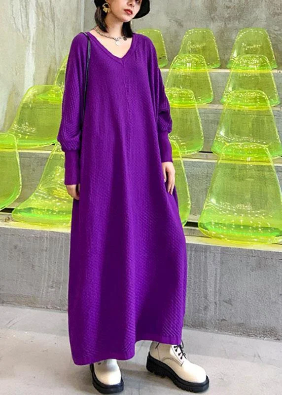 Plus Size Purple V Neck Loose fashion Fall Vacation Dresses Long sleeve
