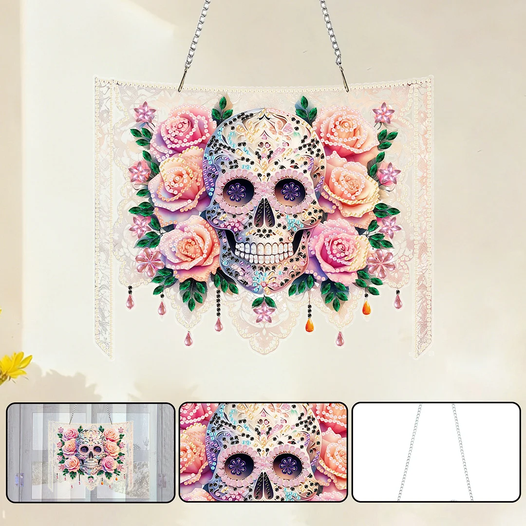 Skulls Flower 2D Flat DIY Acrylic Diamond Painting Kit Window Hanging Wall Decor