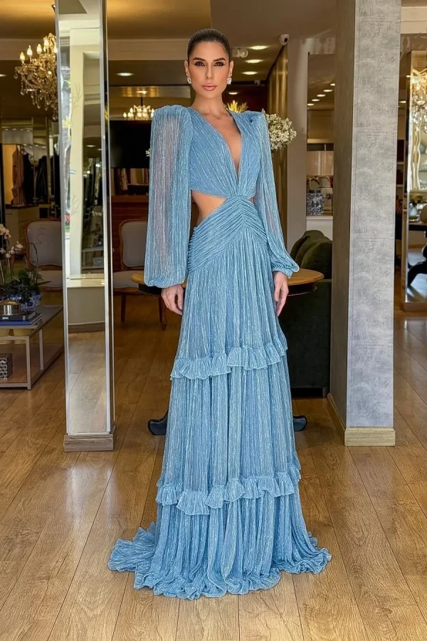Miabel Elegant Blue Chiffon V Neck Ruffles Long Sleeves Prom Dress with Pleated   