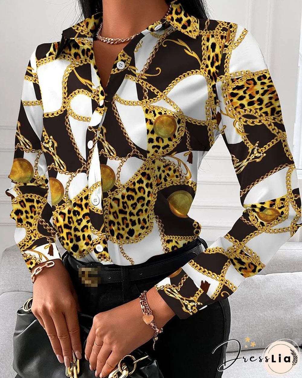 Chain Print Button Up Long Sleeve Blouse