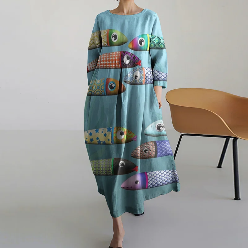 Retro Colorful Sardines Portuguese Sardines Art Print Casual Midi Dress