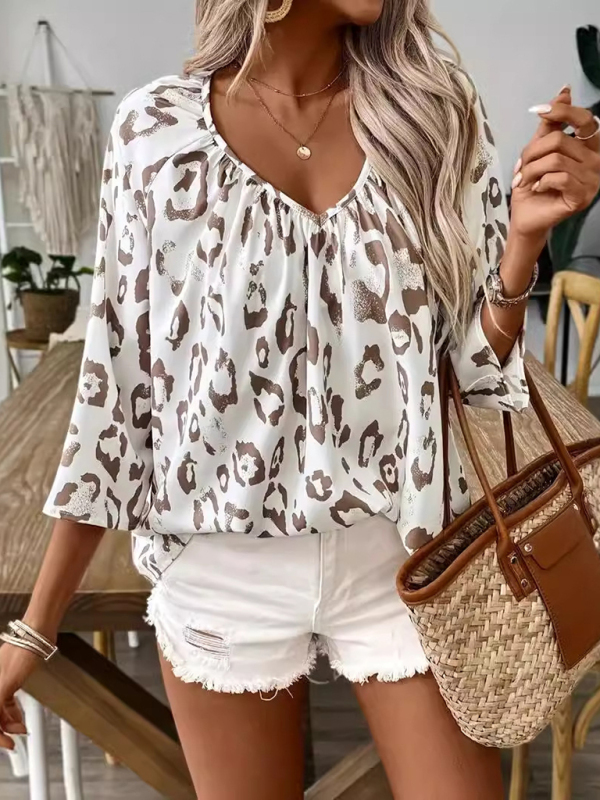 Mature Women Leopard Print V-neck Fashion T-Shirt Top