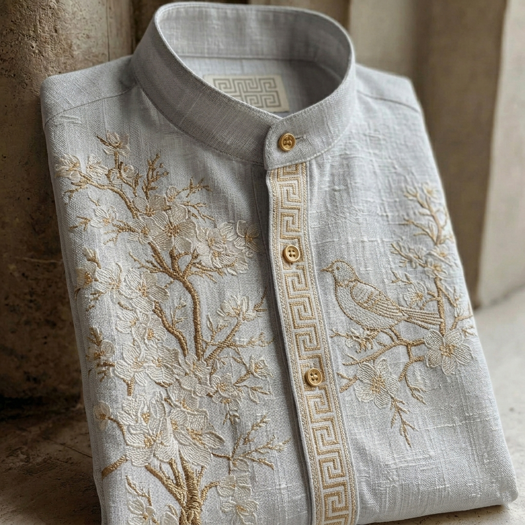 Retro Cherry Blossom And Bird Pattern Short-sleeve Shirt elevenforest
