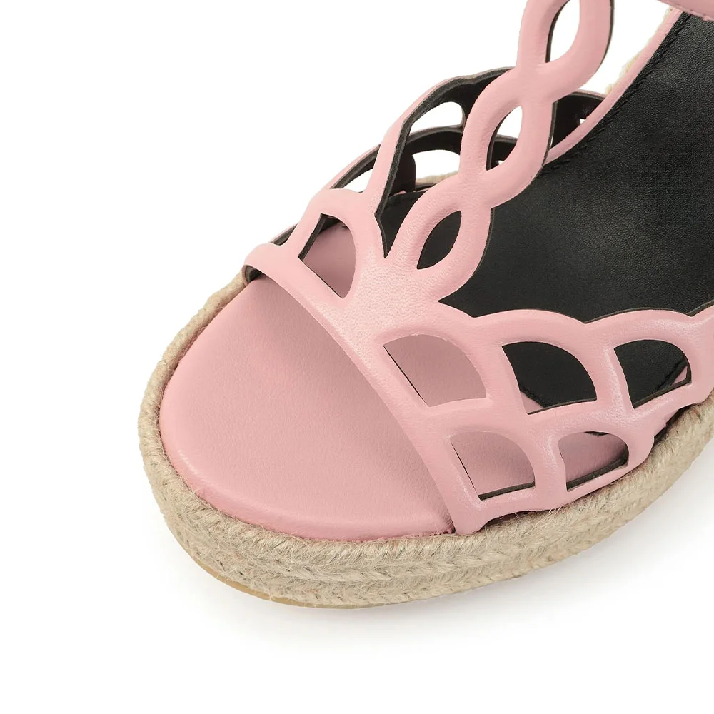 Pink Open Round Toe Platform Ankle Strap Wedge Sandals with Cut Out