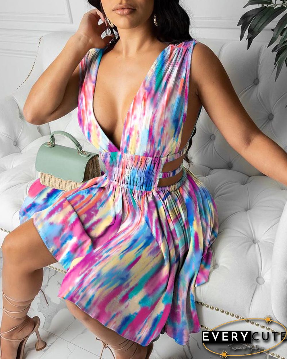 Tie Dyed Cutout Waist Plunge Dress
