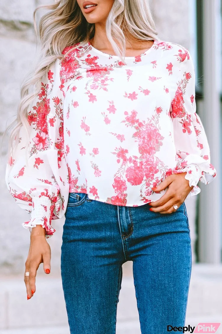 Round Neck Bishop Sleeves Floral Blouse