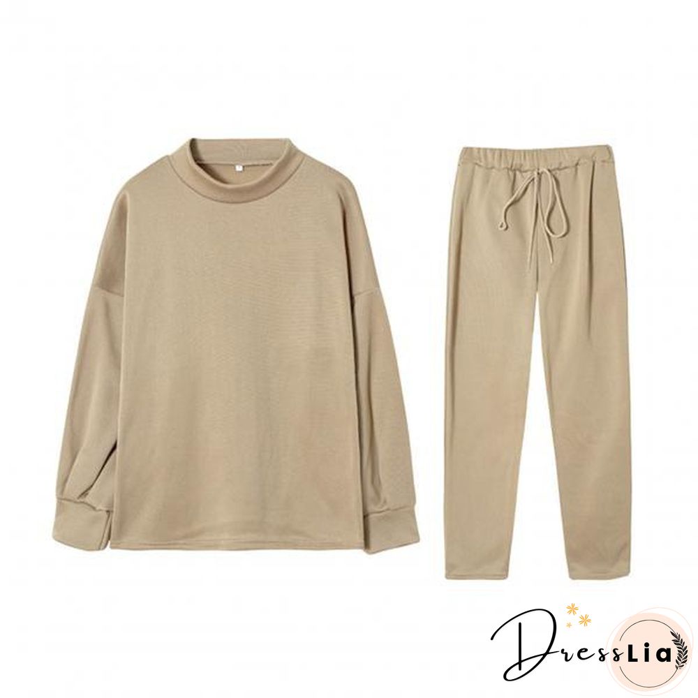 Women Outfit Pocket Thick Solid Color Loose Pullover Pants Set For Office