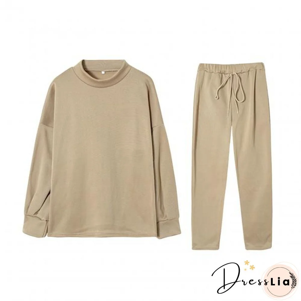 Women Outfit Pocket Thick Solid Color Loose Pullover Pants Set For Office