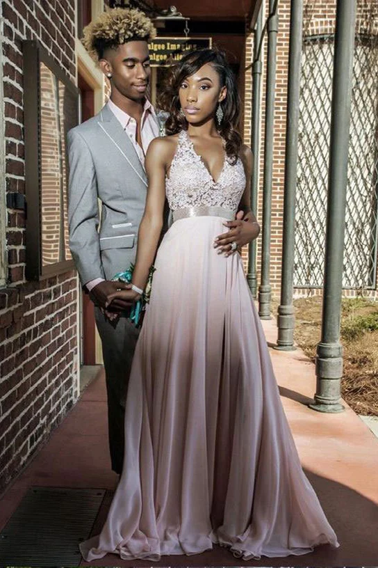 Luluslly Halter V-Neck Sleeveless Prom Dress Long Chiffon