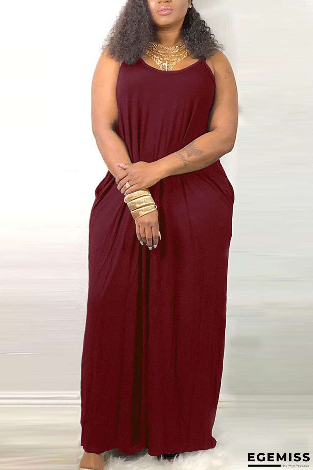 Wine Red Sexy adult Fashion Off The Shoulder Sleeveless O neck A-Line Ankle-Length Solid Print band | EGEMISS