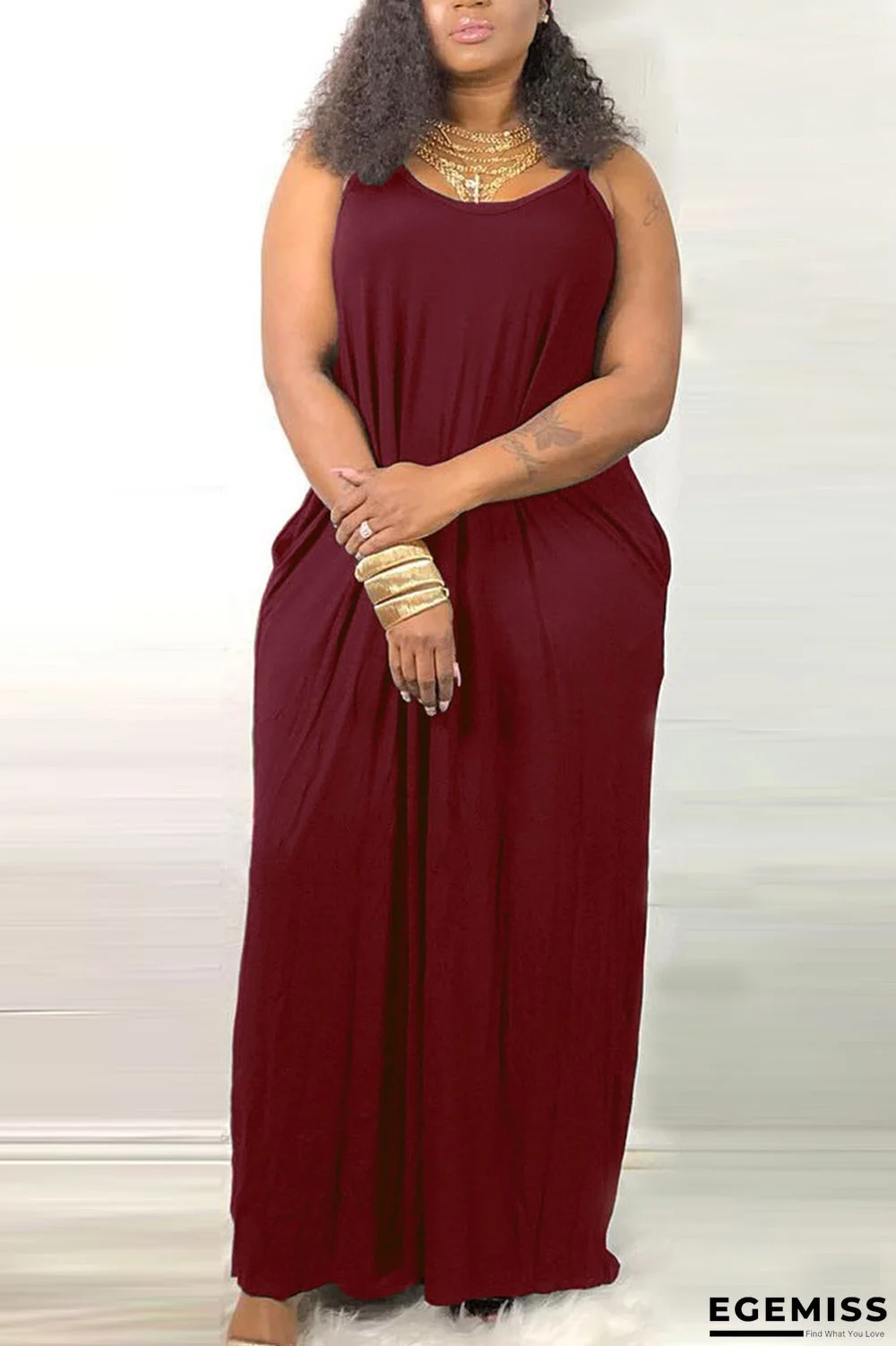 Wine Red Sexy adult Fashion Off The Shoulder Sleeveless O neck A-Line Ankle-Length Solid Print band | EGEMISS