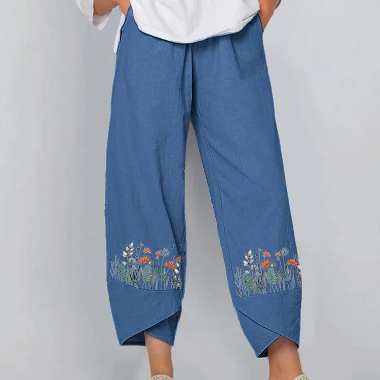 Fashion New Floral Print Cotton Linen Pants Fall Summer Loose Irregular Elastic Waist Wide Leg Pant Casual Elegant Pocket Pants