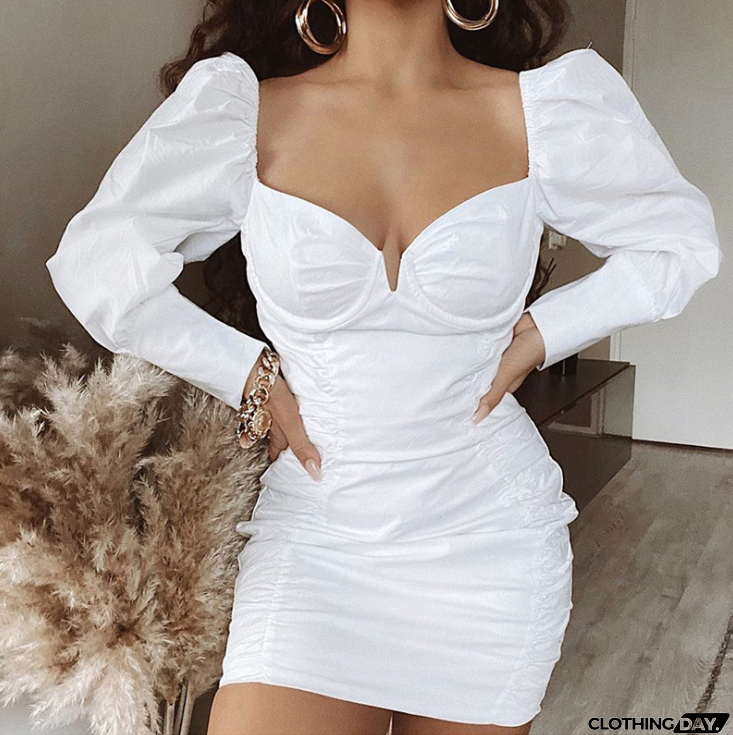 V-Neck Wrap Chest Puff Sleeve Hip Dress
