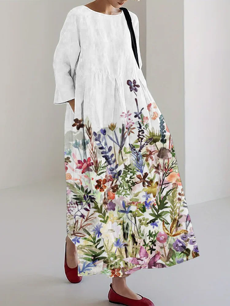 Watercolor Floral Print Linen Blend Maxi Dress