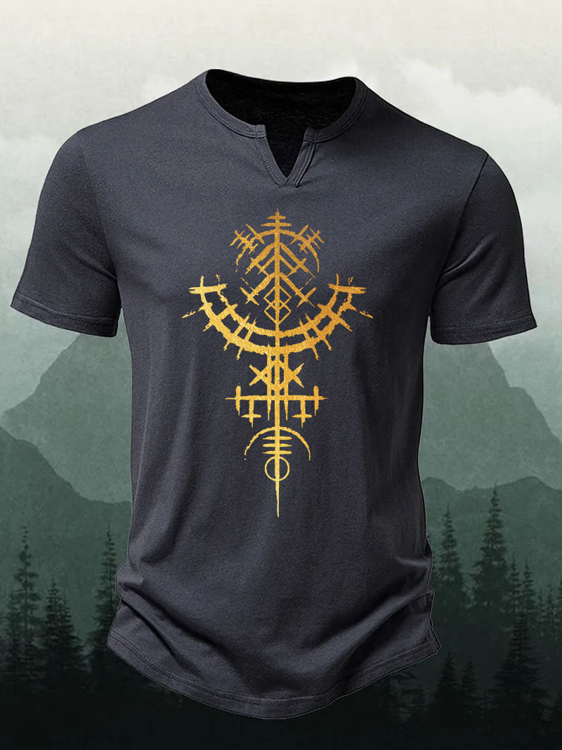 Men's Gold Geometric Viking Print Short-Sleeve Shirt