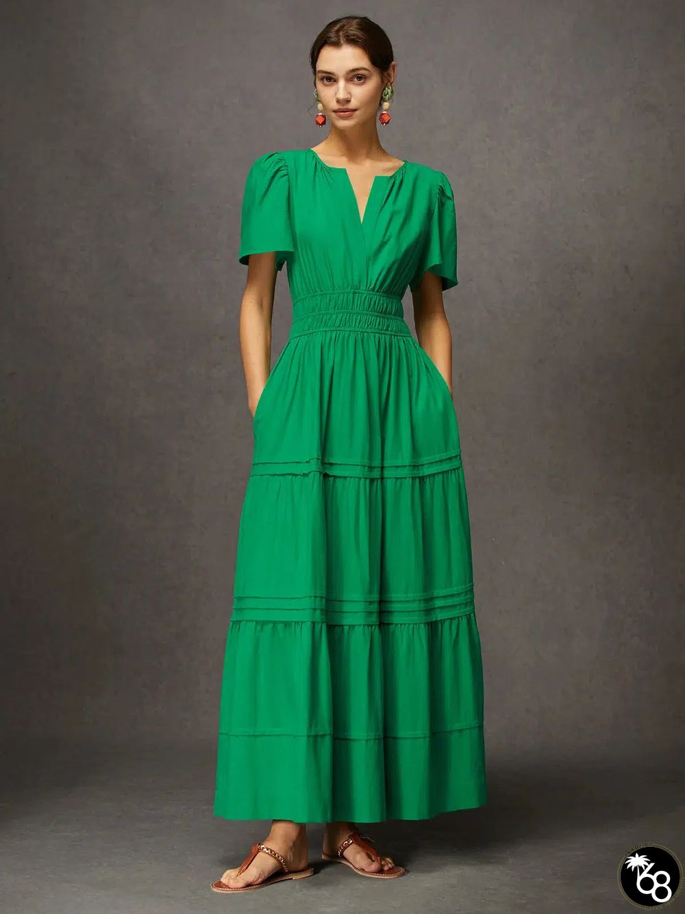 Green Plain Short Sleeve Maxi Dress | 168DEAL
