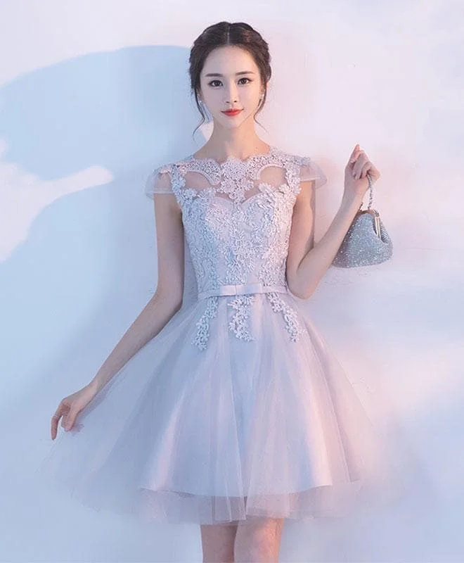 Gray A Line Tulle Lace Short Prom Dress, Homecoming Dress