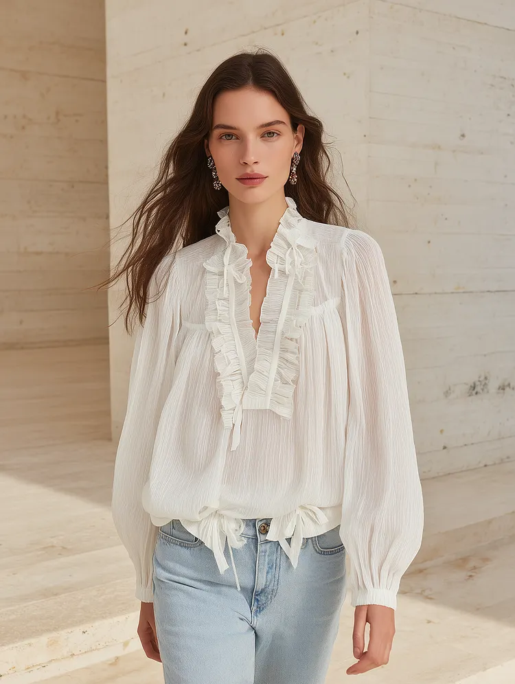 Women's V-Neck Ruffled Trim Lantern Sleeve Blouse with Tie Front