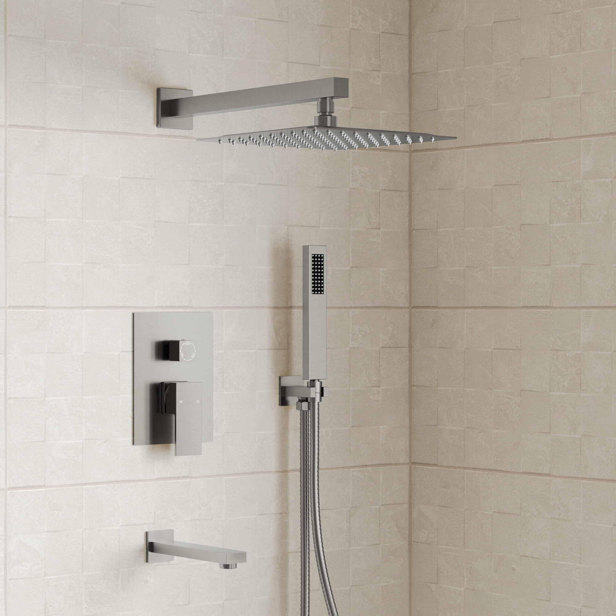 10 Inch Rain Shower Head System Shower Faucet Combo Set with Bathtub Spout and Handheld Sprayer, Wall Mounted Shower Trim Kit with Pressure Balanced Valve, Brushed Nickel