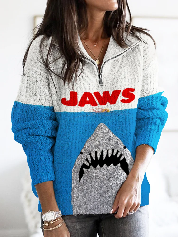 Ocean Killer Shark Jaws Print Cozy Zipper Stand-Up Sweater