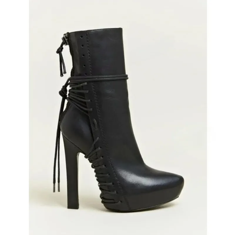 VCSHOES Black Matte Leather Cross Tied Ankle Boots Pointed Toe Shoes For Women Thin High Heels Lady Shoes Zapatos Para Mujere