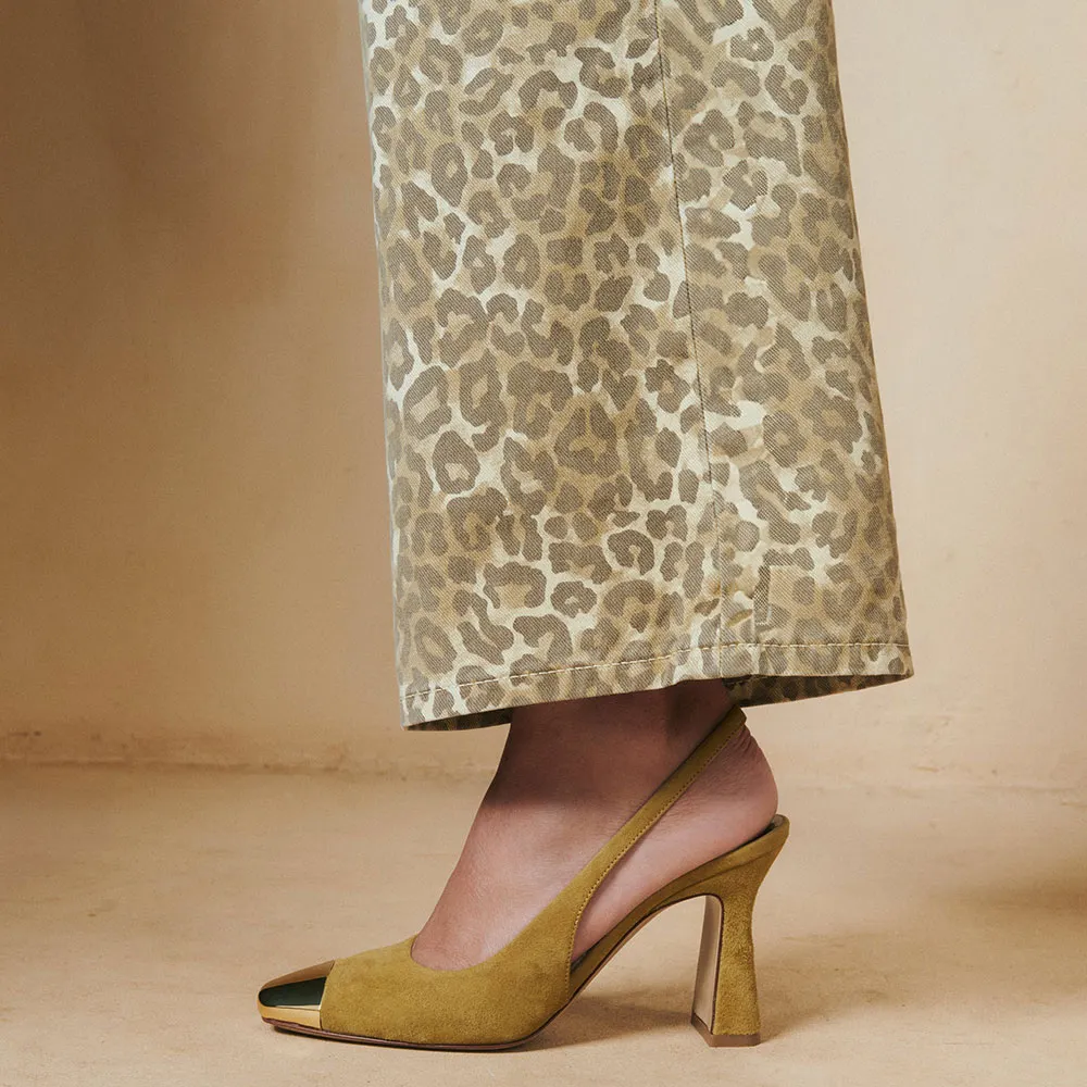 Olive Vegan Suede Metal Cap Square Toe Chunky Heel Slingback Pumps