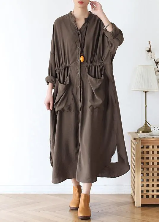 Simple chocolate cotton quilting dresses v neck pockets Traveling spring Dresses