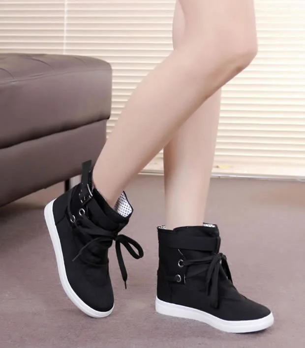 Qengg and autumn round head high-top belt buckle decoration front lace-up canvas shoes breathable women's shoes 2021