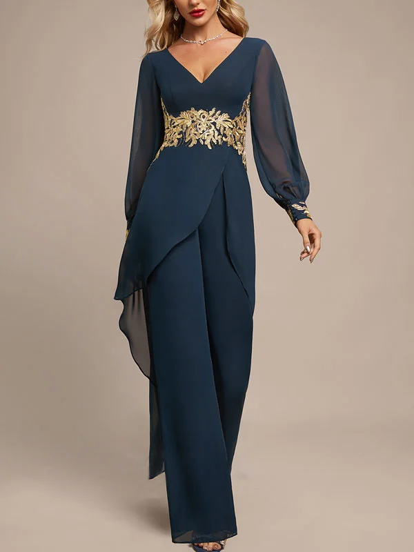 Jumpsuit/Pantsuit Separates V-Neck Floor-Length Chiffon Evening Dress With Appliques Lace