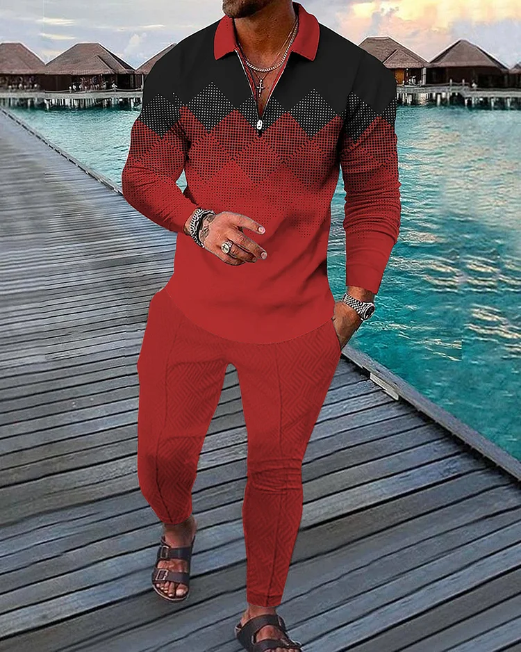 Men's Gradient Geometry Long Sleeve Zipped POLO Trousers Set  0292