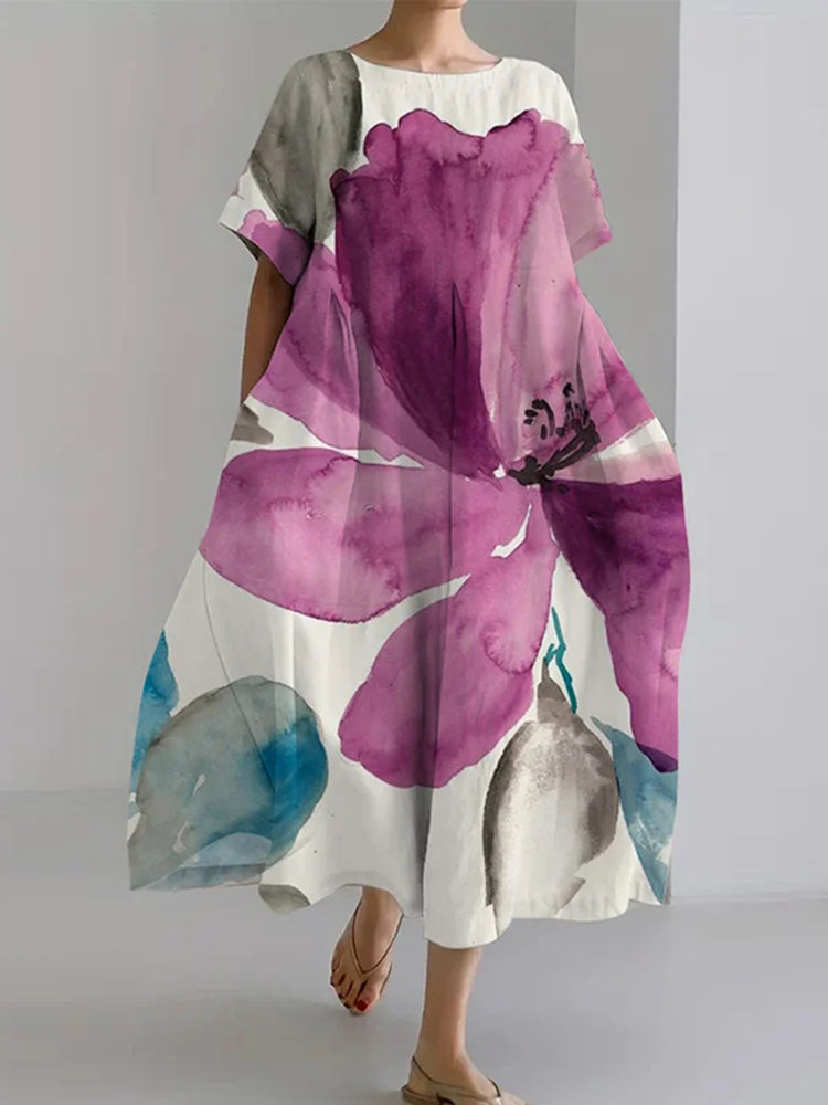 Comstylish Women's Retro Botanical Floral Design Printed Casual Loose Dress