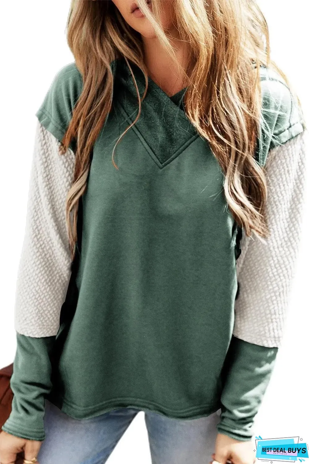 Mist Green Contrast Sleeves Patchwork Colorblock Hoodie