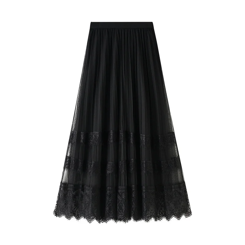 Nigikala Nigikala Skirt 2025 Spring Korean Version Of The New High-Waisted Lace Splicing Mesh Dress Female Hundred Folded Skirt A-Word Long Dress 8585