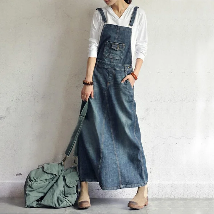 Vintage Loose Denim Straps Long Dress