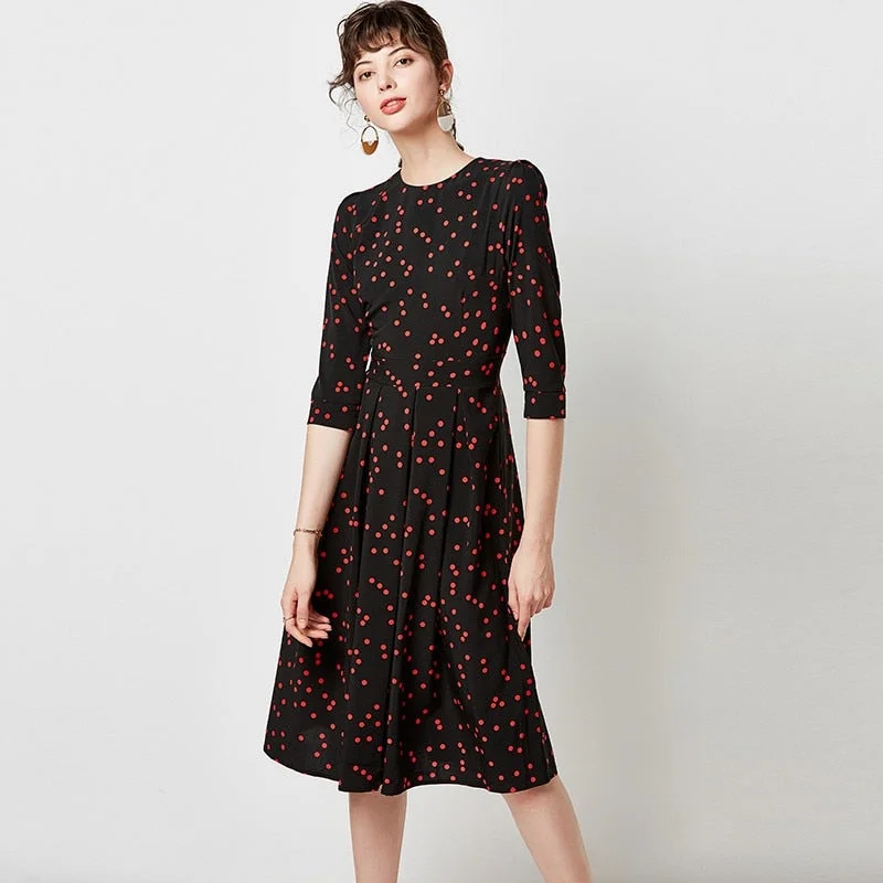 Women Vintage Dot Print Dresses 2019 Autumn Elegant Three Quarter Sleeve Office Dress