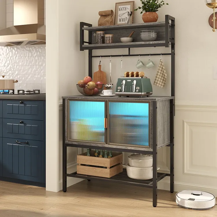 Bestier Bakers Rack with Storage Cabinet, 5 Tier Microwave Stand with LED, Kitchen Coffee Bar Table with 6 Hooks for Kitchen Garage Pantry