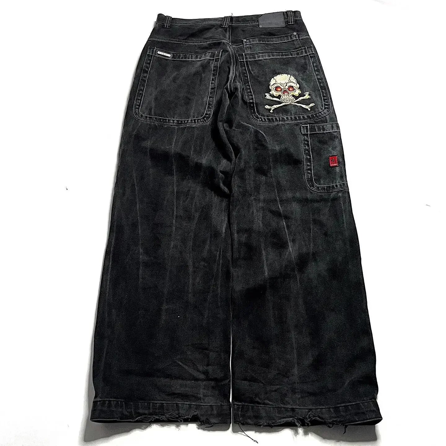 Spontork Retro Skull Graphic Embroidered JNCO Jeans New Harajuku Hip Hop Baggy Jeans Denim  Pants Men Women Goth High Waist Wide Trousers Pants