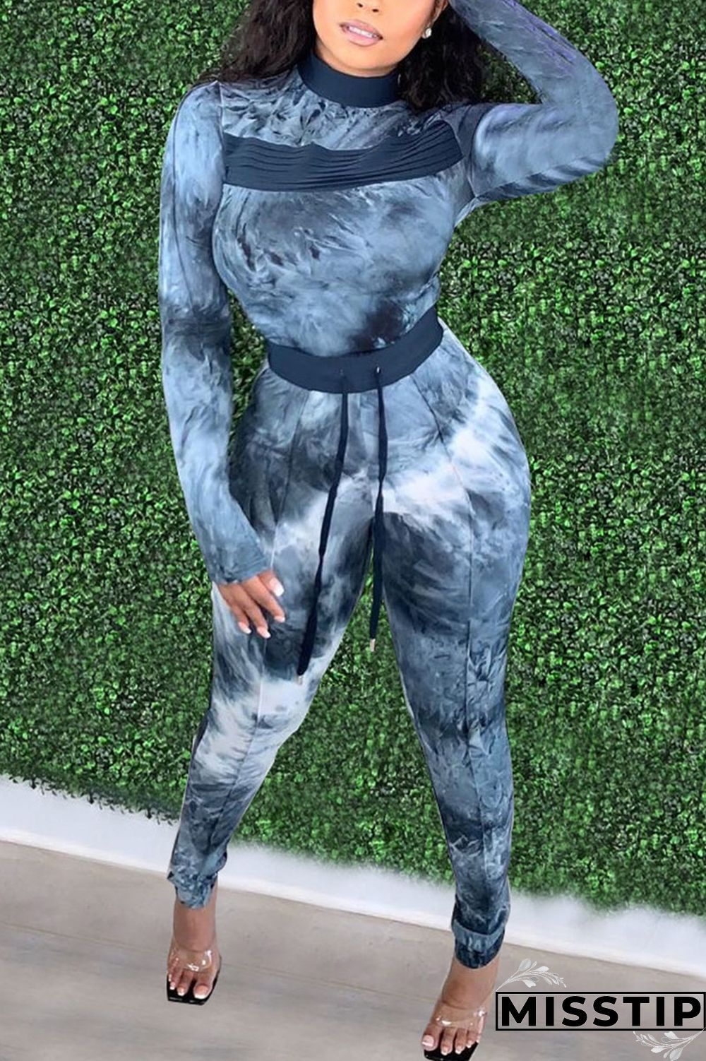 Blue Work Daily Print O Neck Long Sleeve Two Pieces