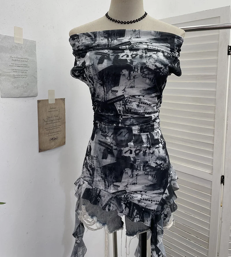 Nigikala Nigikala Shooting Holiday Wind Shoulder Folding Net Grums Flower Top Design Feeling Drift With Unique T-Shirt 1203