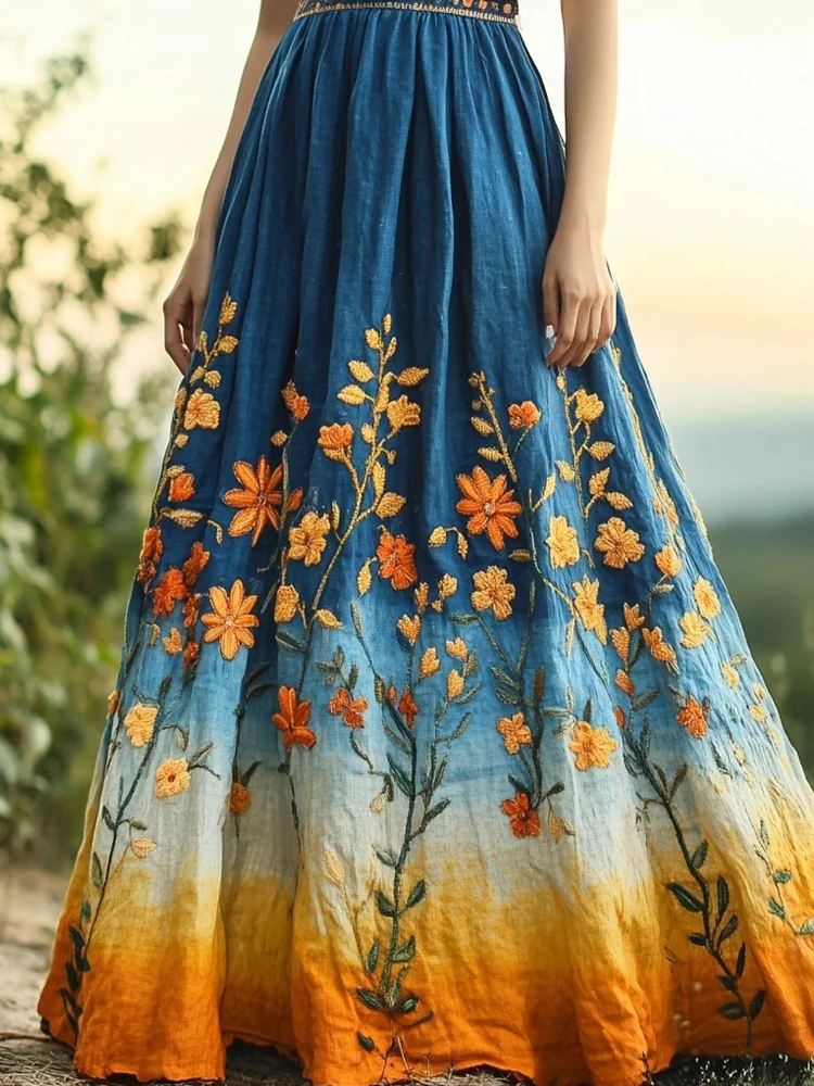 Utbros Boho Floral Embroidered Gradient Linen Maxi Dress