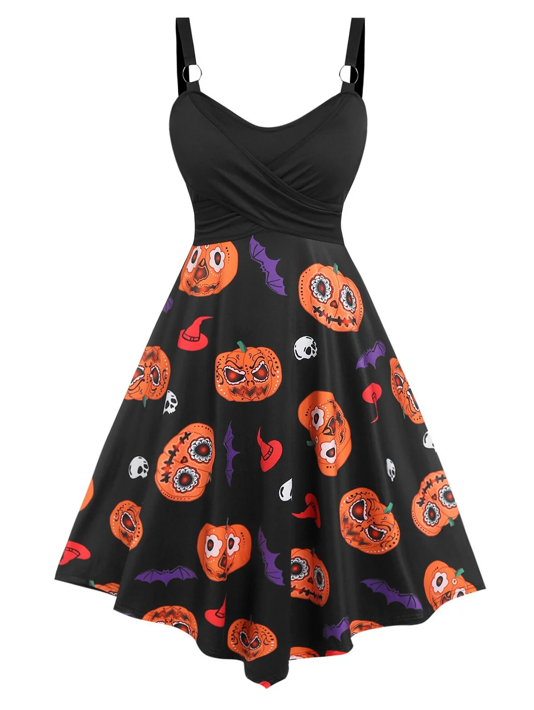 Plus Size Crossover Pumpkin Print Halloween Dress O Ring Bat Print Skull Print Gothic Dress Vintage Midi Party Vestidos Robe