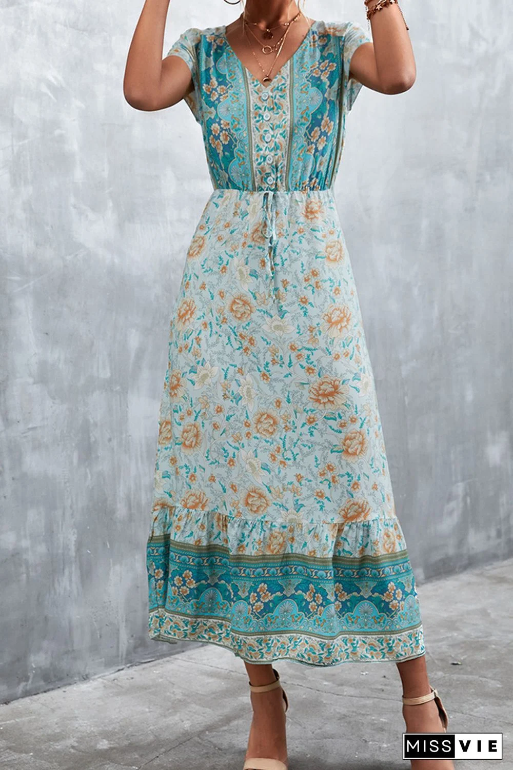 Floral Print Short Sleeve Long Dress Wholesale