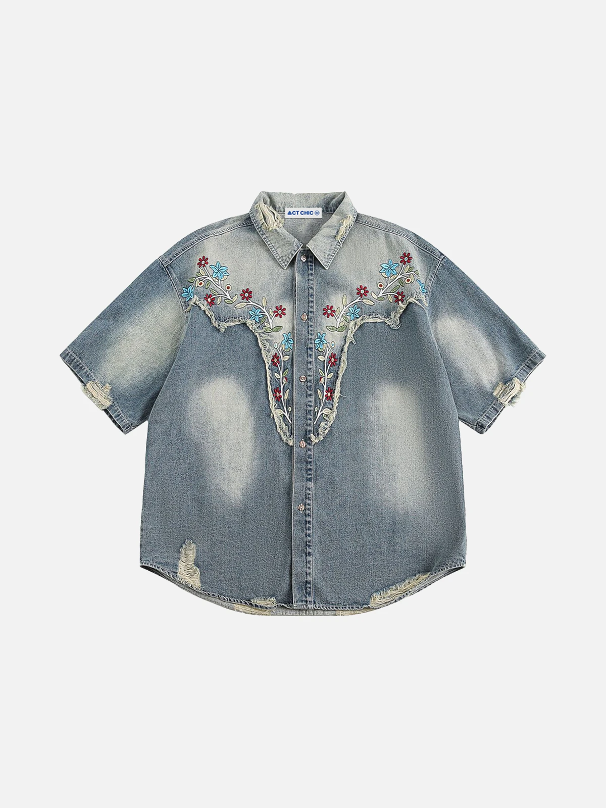 Blue Flower Embroidery Distressed Washed Denim Shirt Front