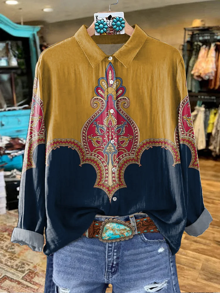 Pattern Stitching Art Graffiti Women's Print Casual Cotton Shirt