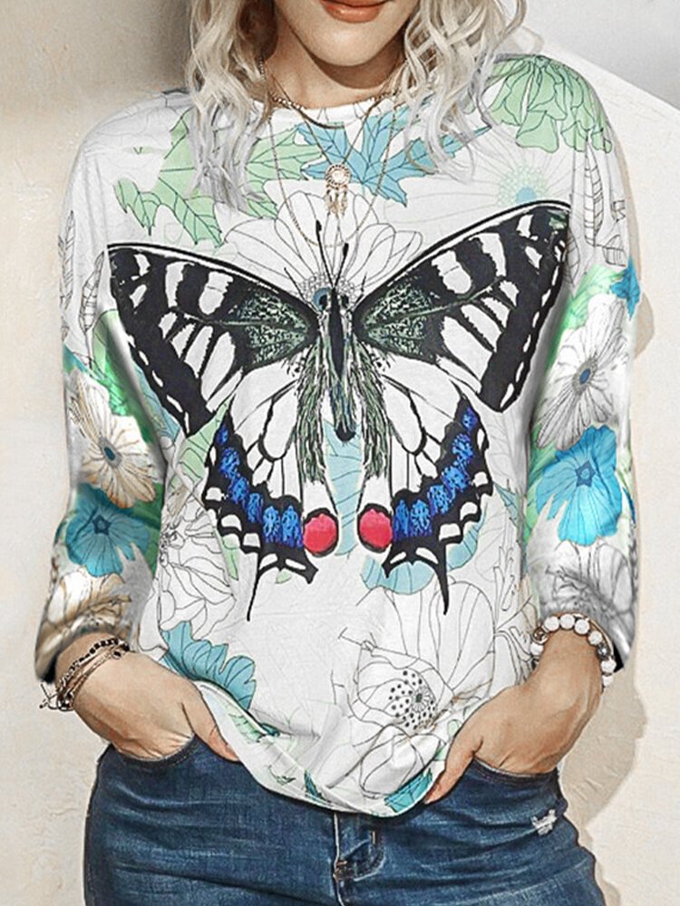 Laeves Butterfly Print Long Sleeve O neck Blouse For Women P1747352