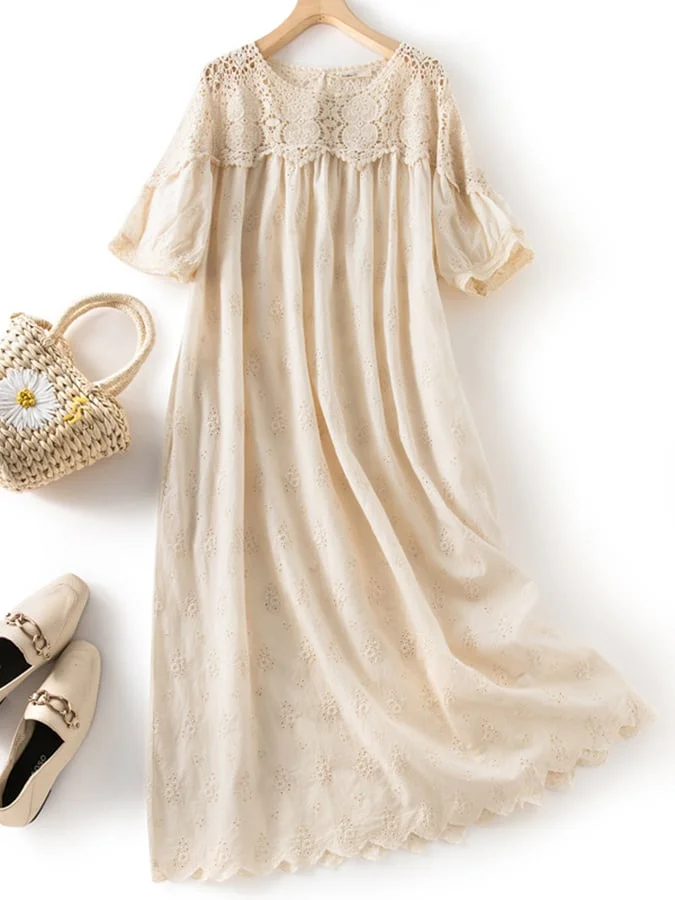 Literary Embroidered Chain Link Hollow Lace Dress