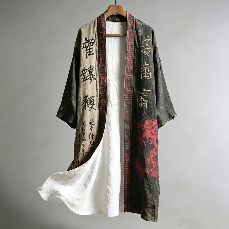 Men's Japanese Dragon Pattern Calligraphy And Painting Art Linen Long Kimono